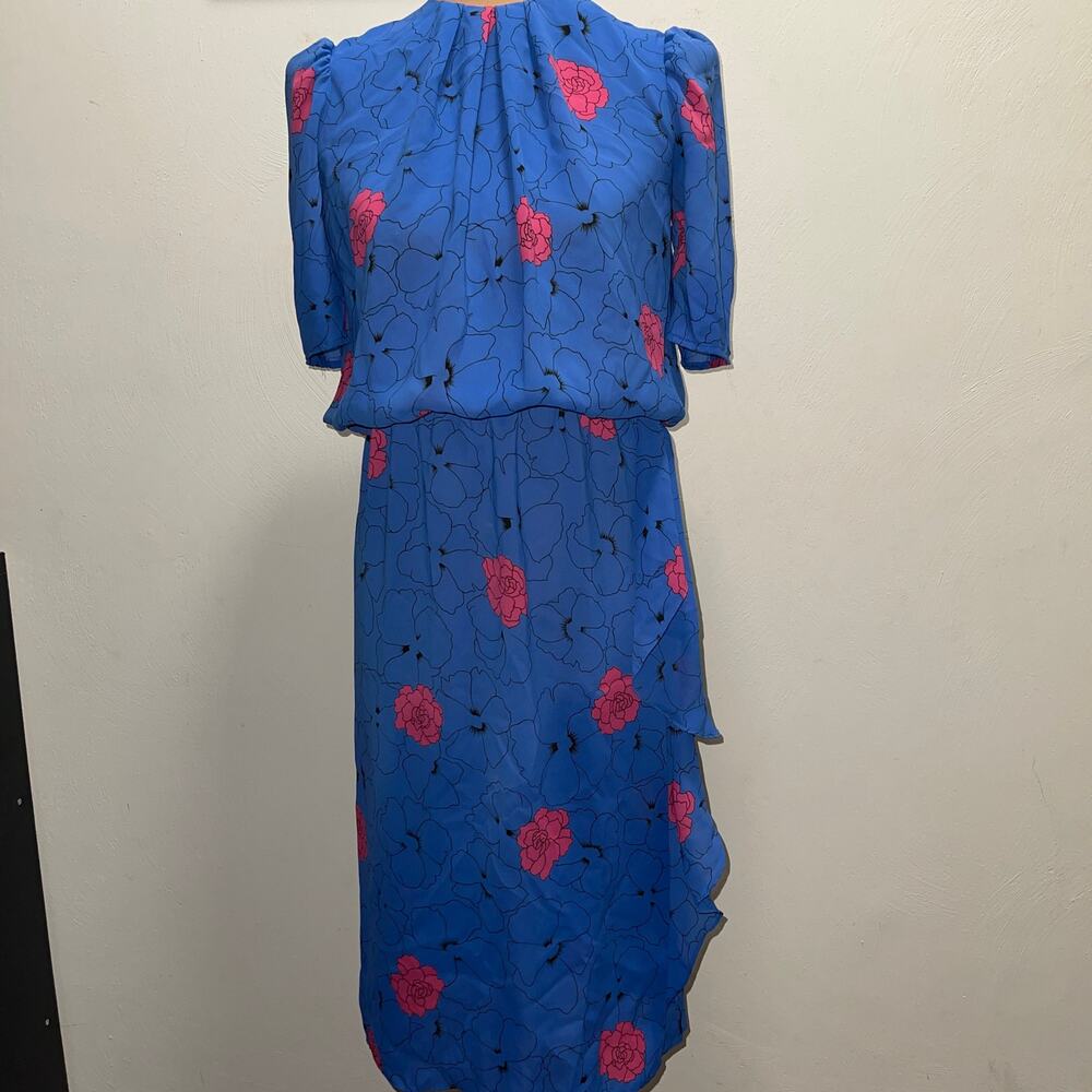 Vintage Blue Midi Dress with Pink Floral Print
